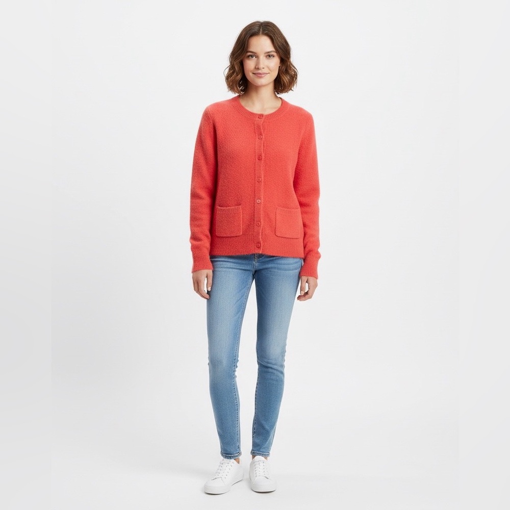 💥LOFT outlet Coral-Pink Crewneck Button-Front Cashmere-Blend Cardigan